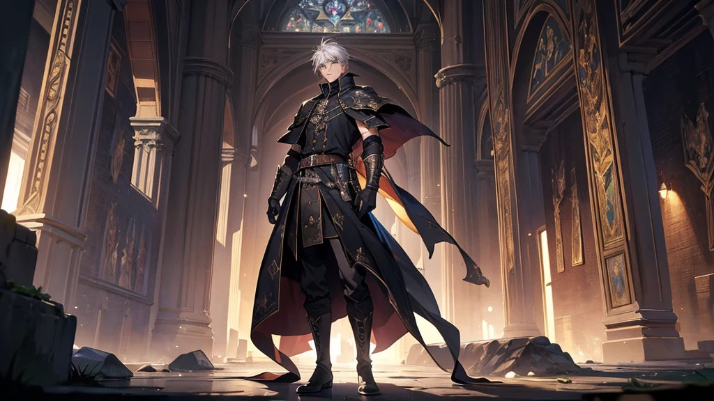 Picture quality up to 8K, ภาพHigh quality,(((Masterpiece))), (((best quality))), Sharp picture, Awesome details,High quality,Masterpiece,1 boy, alone, white hair, short hair, blue eyes, black shirt,black veil, handsome , metal cuff, black gloves, High Boots, Metal gloves, Medieval Theme, look at viewer, fantasy art, beautiful paintings, Guvaika style, Excellent and neat character art, Amazing characters, (Reference documents:1.5), The system says congratulations on beating level 80 Trevion of Evil and gaining experience.. Level up to 25 and gain 10 stats., You have achieved the legendary initiation feat.