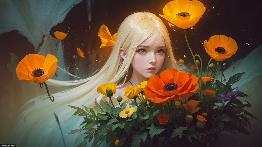 32k, Masterpiece, Highest quality, One girl, Detailed eyes, flower,Iceland Poppy, Orange and yellow style,A dreamy, romantic piece,Pale yellow, Mysterious Leaves,A playful arrangement,Fantasy,High Contrast,Ink strokes,explosion,Exposure, Impression of orange and yellow tones,Abstract,((Watercolours by John Berkey and Jeremy Mann )) Brush strokes,Negative Space, Tyndall effect,