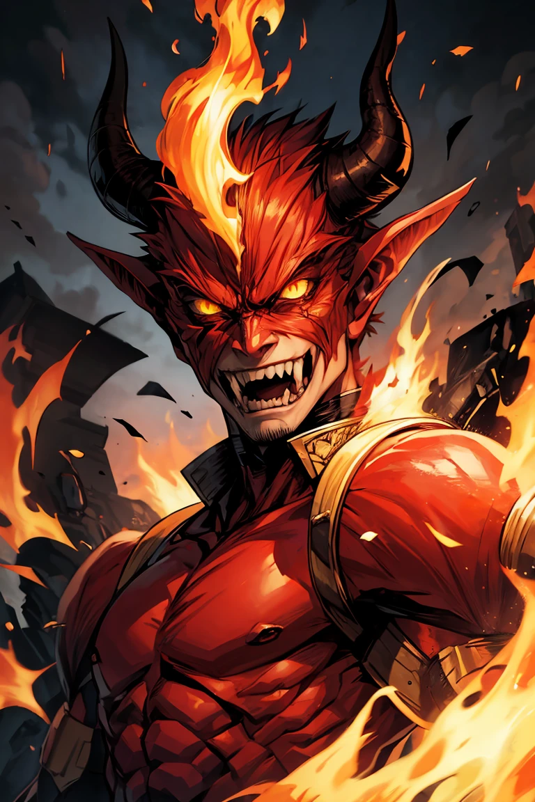 Man of the demon race, reddish skin, golden eyes, cat eyes, white horns, teeth and fangs. Fire behind you