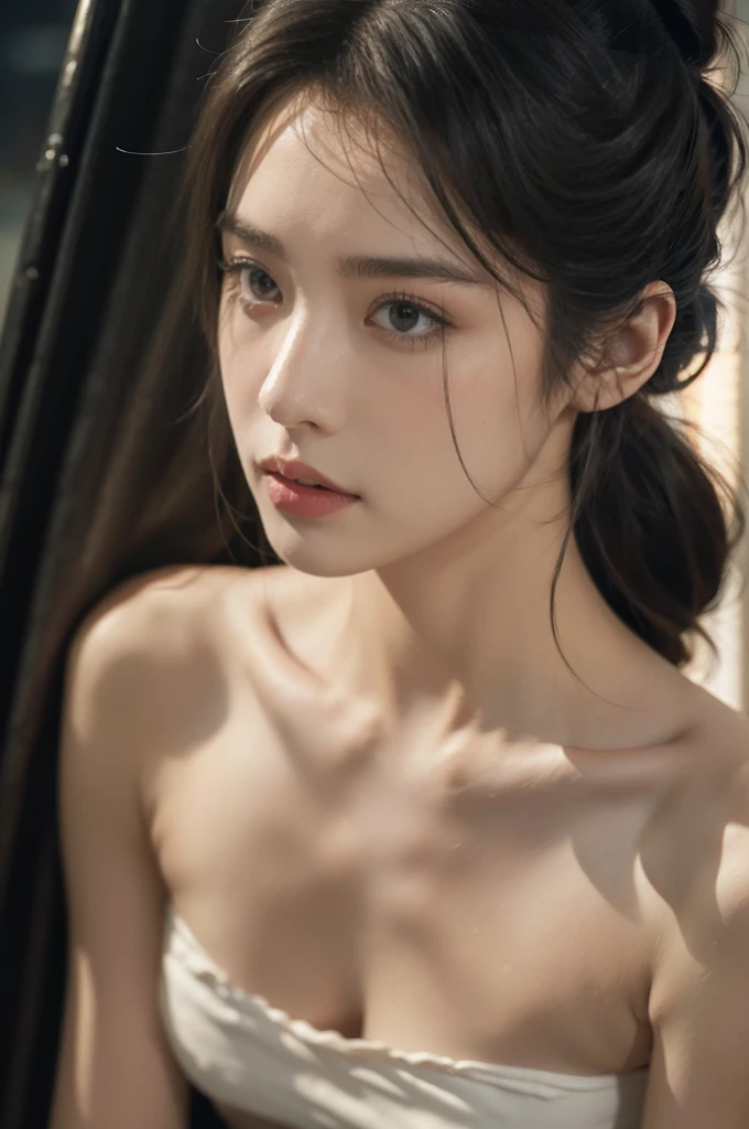 (((best quality))),(((ultra detailed))),(((masterpiece))),illustration,1girl, young,solo, slim,thin,short ponytail,small breasts,flat chest,(strapless white bra:1.3),rainy night, heavy rain, drenched, melancholy expression, solitude, tear rolling down cheek, wet hair, empty streets, dimly lit, deserted environment, sound of rain, footsteps, symbol of hope, abandoned, resilience, determination, walking in rain, heartbreak, loss, love fading, loneliness, body language, facial expression, dreary atmosphere, rain-soaked streets, somber mood, viewer engagement,((close-up of face,from front)),urban scape,night scene