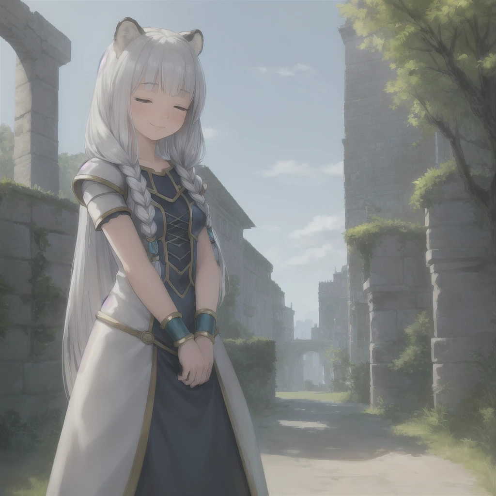 ((masterpiece)), (best quality), (ultra-detailed), photorealistic, (best illustration), ((an extremely delicate and beautiful)), 1girl, solo, long hair, tiger ears, [:tiger tail under:0.2], white hair, two-tone hair, full body, long blue cape, (Alternative outfit:1), platinum armor, cross-laced, standing, closed eyes, smile, black dress, short sleeves, detailed scenery, blue sky, horizon, low twin braids, twin braids, hair ornament, bracelet, (Valkyrie outfit:0.9), blush, no helmet, Cute but Formidable, girl knight, armor on body. 