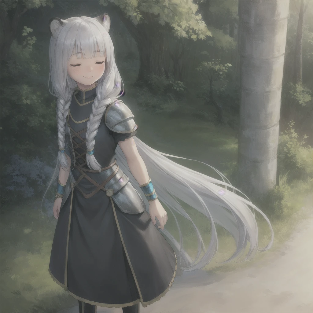 ((masterpiece)), (best quality), (ultra-detailed), photorealistic, (best illustration), ((an extremely delicate and beautiful)), 1girl, solo, long hair, tiger ears, [:tiger tail under:0.2], white hair, two-tone hair, full body, long blue cape, (Alternative outfit:1), platinum armor, cross-laced, standing, closed eyes, smile, black dress, short sleeves, detailed scenery, blue sky, horizon, low twin braids, twin braids, hair ornament, bracelet, (Valkyrie outfit:0.9), blush, no helmet, Cute but Formidable, girl knight, armor on body. 