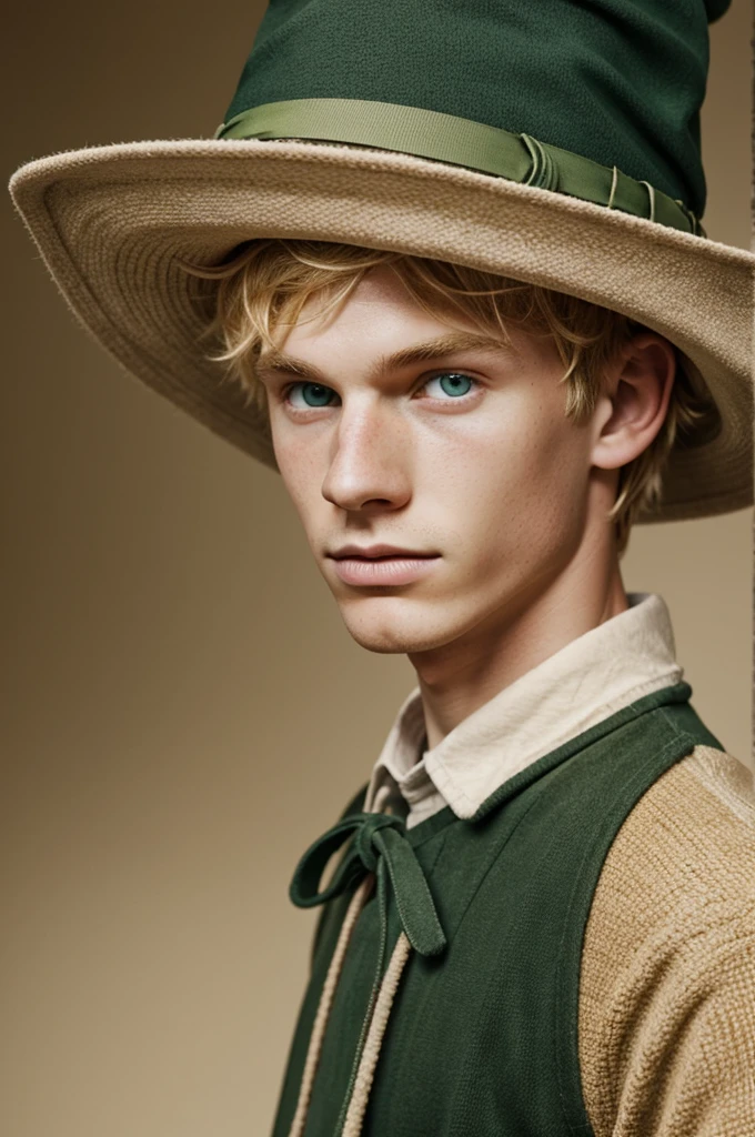 Boy with blonde hair, green eyes and freckles on the cheekbones, dressed in bird hat. Disney type image 