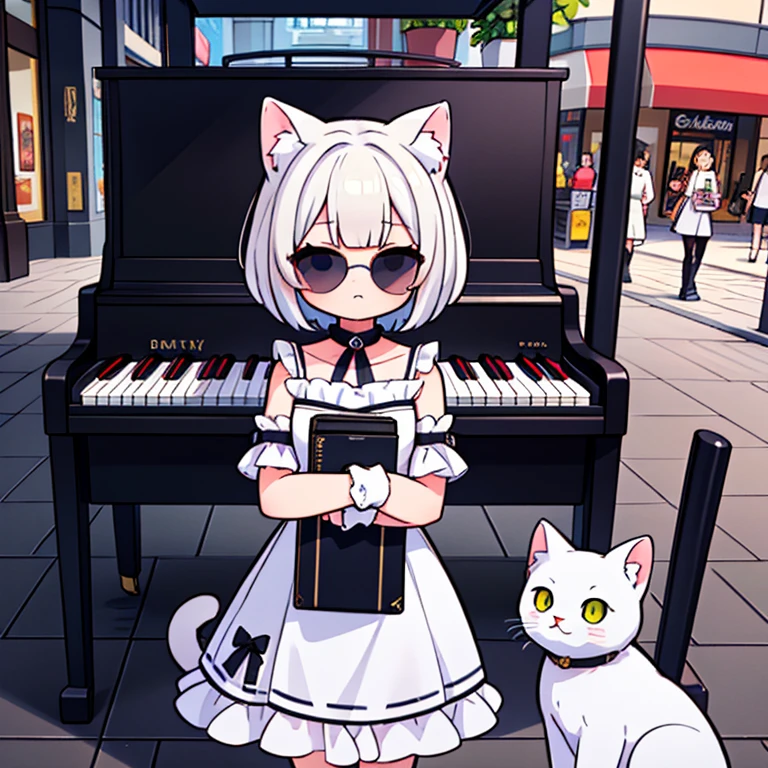 ((Highest quality)), ((masterpiece)), (detailed), Perfect Face, Perfect Arms, anime, Ultra-fine illustration, ((1 person)),((White cat girl wearing dark sunglasses)), cute, Bobcut, Cat ear, Cat face, White midi dress, ((Street piano performance)), (Shopping mall:1.2), indoor, Cowboy Shot,
