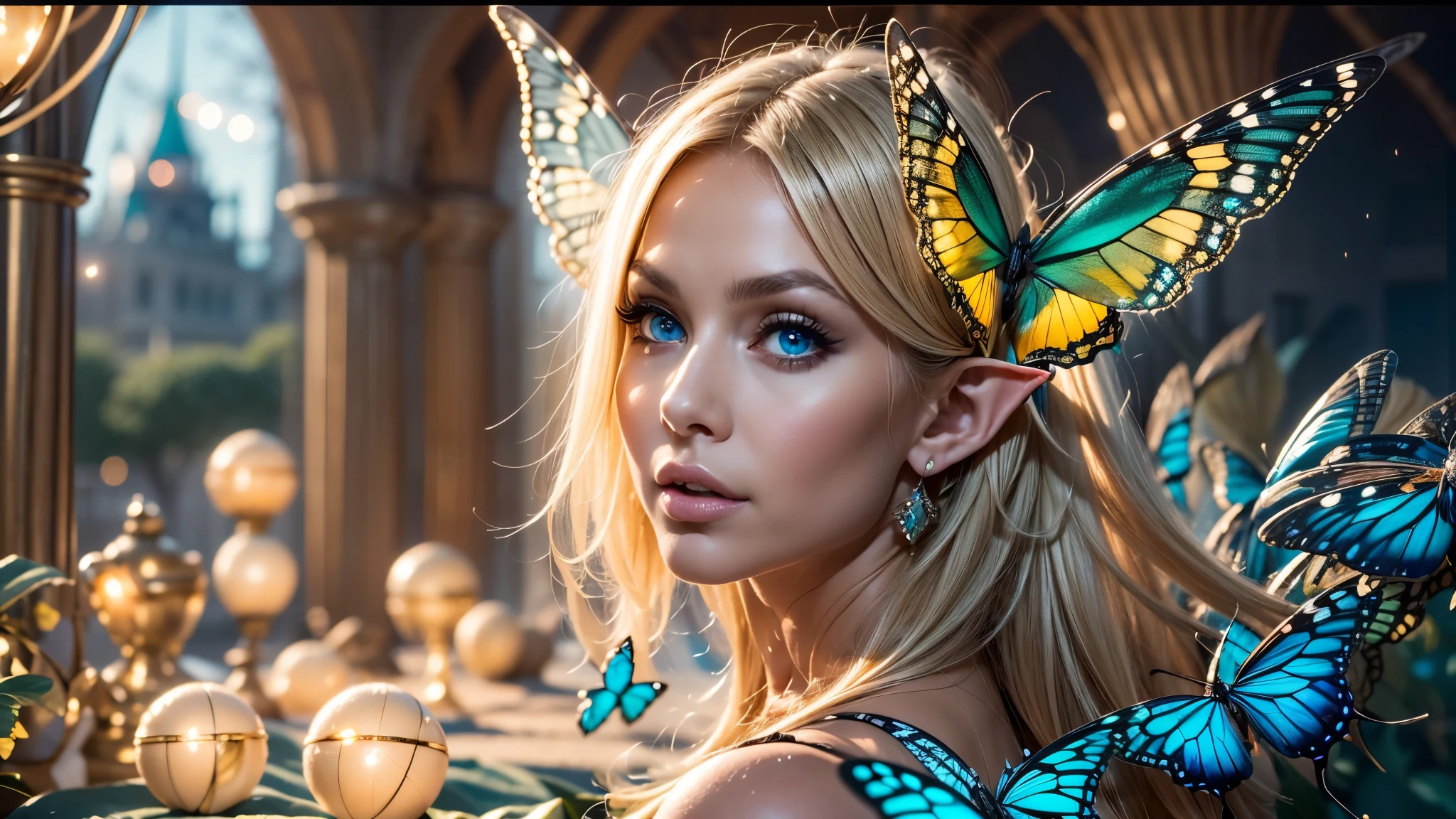 Beautiful, Amazing face and eyes, makeup, (extremely detailed beautiful face), Blonde, (sexiest look), (Beautiful breasts:1.3), (Best Quality:1.4), (Ultra-detailed), (extremely detailed CG unified 8k wallpaper), Highly detailed, RAW Photos, Professional Photography, (silk see through lace:1.3), full body, front view, one point perspective, sitting, (Spread your legs), (:1.4), plein air, Illumination, (Super fancy photos:1.4), (Dazzling light), Radiant Photography, depth of fields, (Glowing blue eyes), (realistic elf ear), (castle, fantasy setting), ((orbs)), massive butterfly wings, flowing butterfly wings, 
