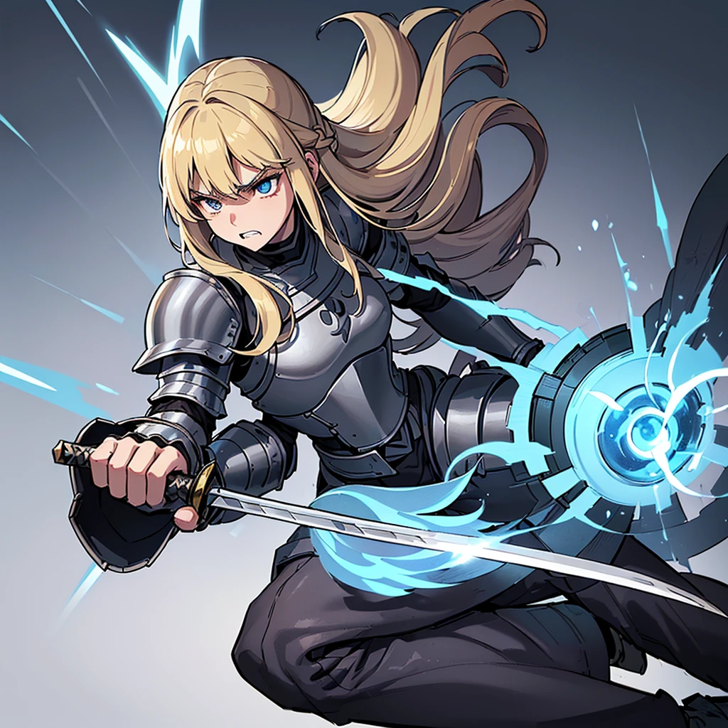 (((Solo)))、(Full body character concept)、Highest quality, Best Quality、(((Gray simple armor、Black trousers))、(woman、18-year-old)、(Blonde、Long Hair)、(White background)、(get annoyed、Grit your teeth)、(From below)、Glowing blue aura、(sword、Deathblow、flash)、Movement angle、(From above at an angle)