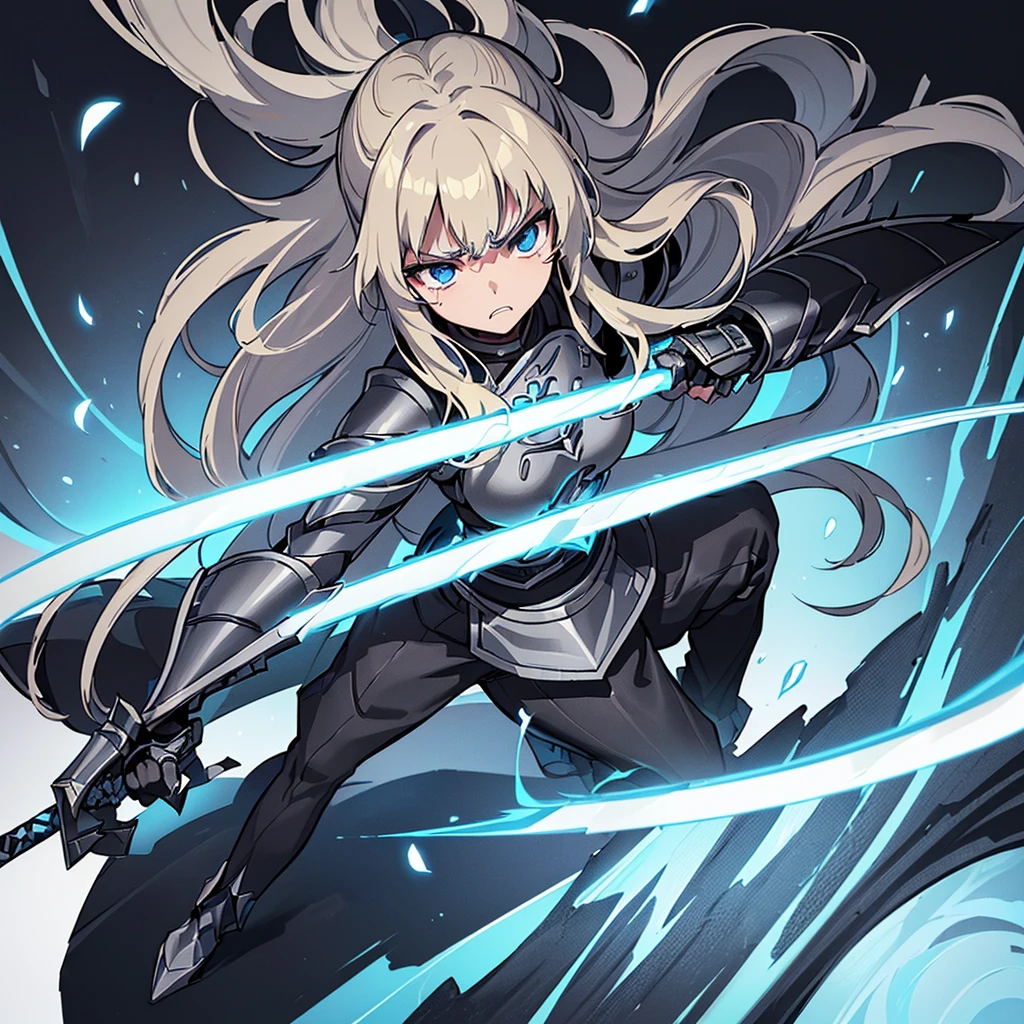 (((Solo)))、(Full body character concept)、Highest quality, Best Quality、(((Gray simple armor、Black trousers))、(woman、18-year-old)、(Blonde、Long Hair)、(White background)、(get annoyed、Grit your teeth)、(From below)、Glowing blue aura、(sword、Deathblow、flash)、Movement angle、(From above at an angle)