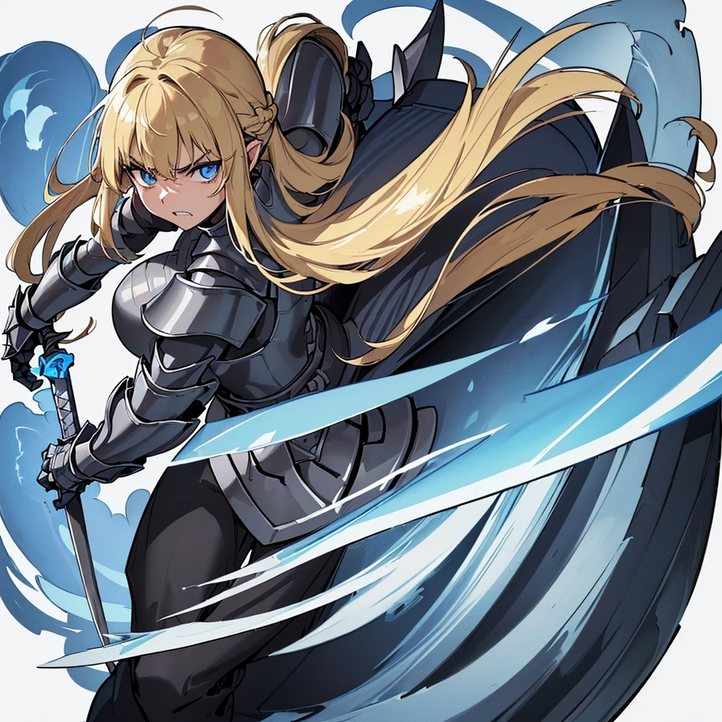 (((Solo)))、(Full body character concept)、Highest quality, Best Quality、(((Gray simple armor、Black trousers))、(woman、18-year-old)、(Blonde、Long Hair)、(White background)、(get annoyed、Grit your teeth)、(From below)、Glowing blue aura、(sword、Deathblow、flash)、Movement angle、(From above at an angle)