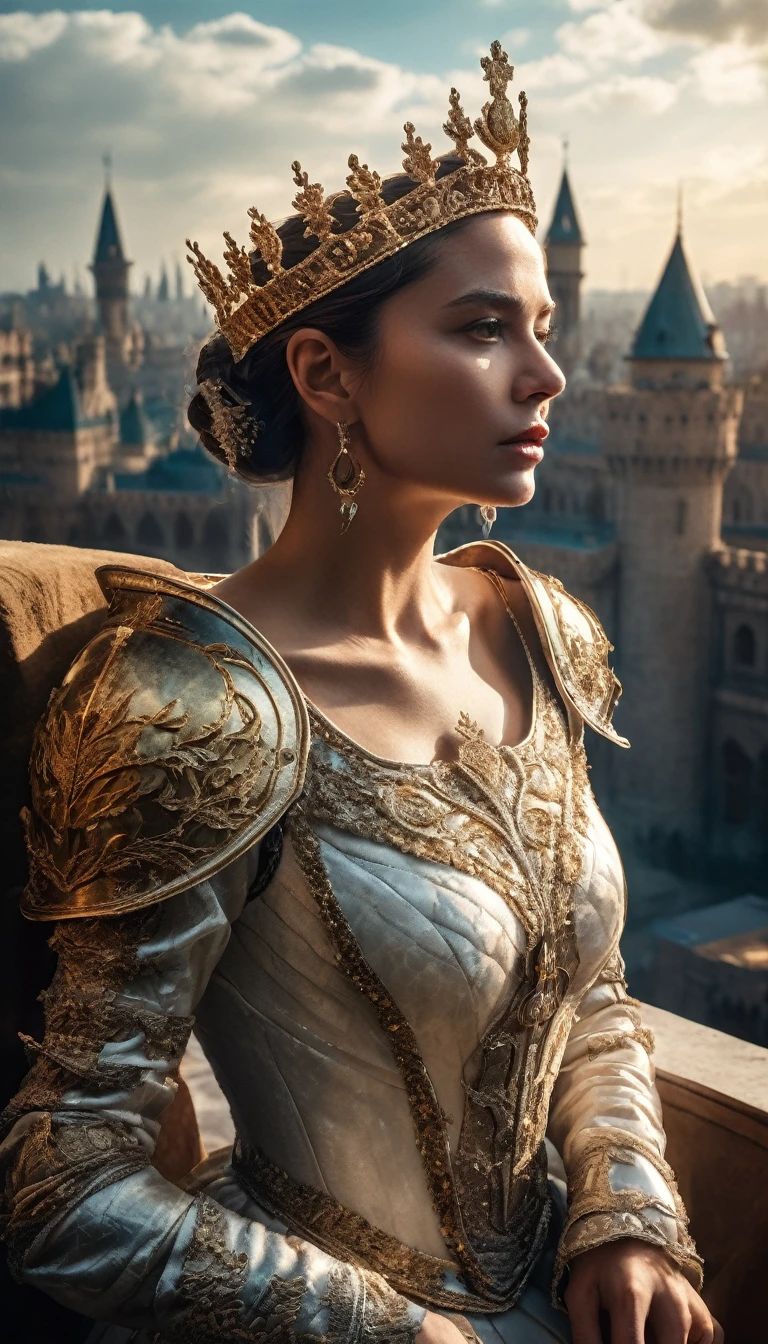 a rich and ruthless fantasy kingdom, the queen looking down at the city from the palace balcony, beautiful and dignified woman in a dress with pieces of armor attached, crown on her head, dramatic lighting, cinematic composition, dramatic colors, dramatic atmosphere, photorealistic, 8k, high quality