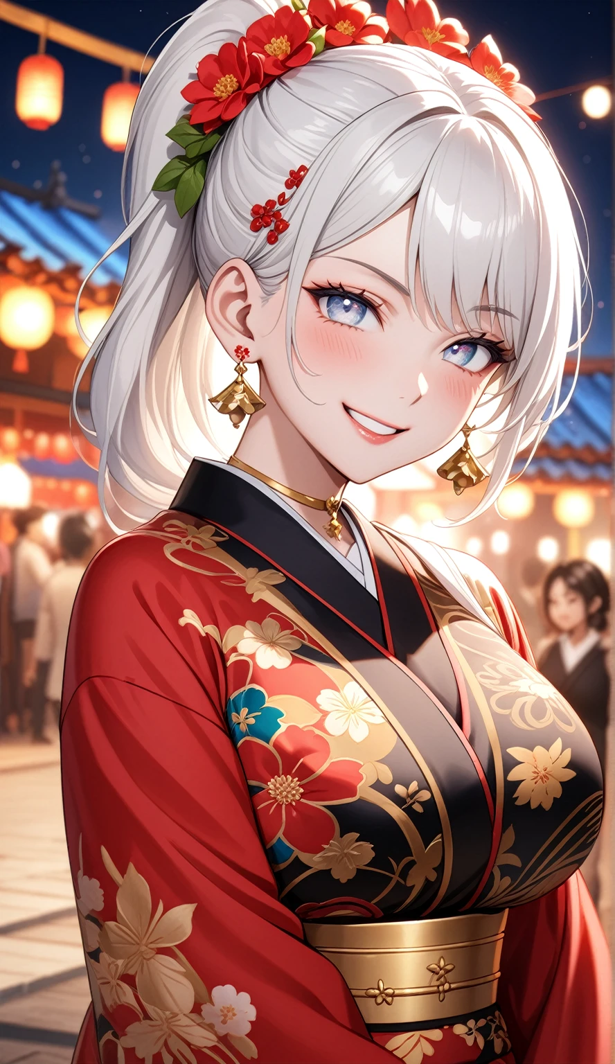 (One personの女性)), Beautiful Face, (Laughing embarrassedly), ((smirk:1.3)), ((Wink:2.1)), Laugh with your mouth wide open,((Bright red cheeks:1.4)),Shiny red lips, night,rooftop,Festivals, firework,Glossy red lips,Facial lighting,((Anime style background)),masterpiece, Highest quality, so beautiful,up to date, Complex details, (Pink long nails), (ring),(bracelet),(choker),AI-generated, Complex,High resolution, Highest quality, super high quality,3D Images、3D Images,One person,Long white hair in a high side ponytail,(blue eyes), ((Fine grain、Silvery white colorful eyes、Shining Eyes:1.4)), (Squint your eyes:1.1), 写真のポーズをとるAnime Women, a hyperRealistic , hyperRealistic , Realistic,Anime Women, Smooth anime CG art, A woman in a colorful kimono with gold embroidery, (Black long sleeve kimono), Red floral pattern,Long flower hair ornament,Earrings,Mature Body,(Big Breasts:1.1),Tall,Narrow waist,(Zoom in on face:1.3),