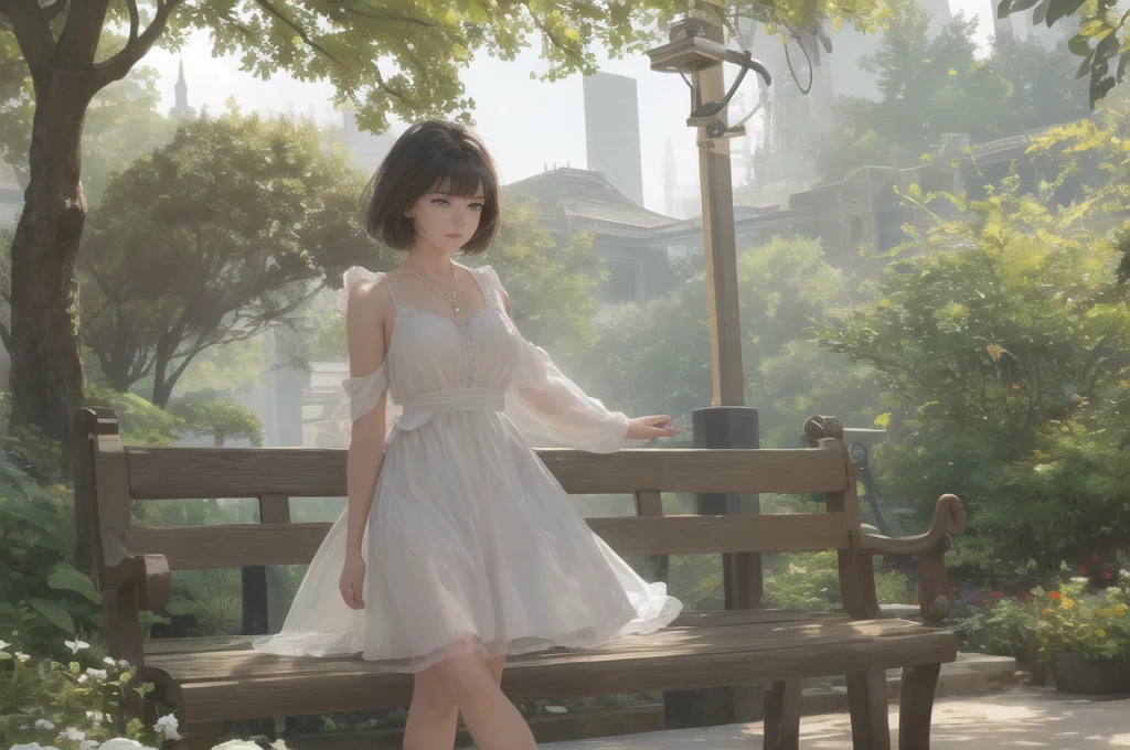 award-winning photography,  ultra high detailed  background, wide angle lens , young woman, park bench, dog, short hair, blue eyes, slight smile, warm, golden light, soft shadows, trees overhead, 8K, hyper-detailed textures, dramatic lighting, contours, fur, atmospheric light volumetrics, depth, dimension, shallow depth of field, cinematic still quality, beauty, the natural world, fine art fashion editorial collection edition,  Unreal Engine 5