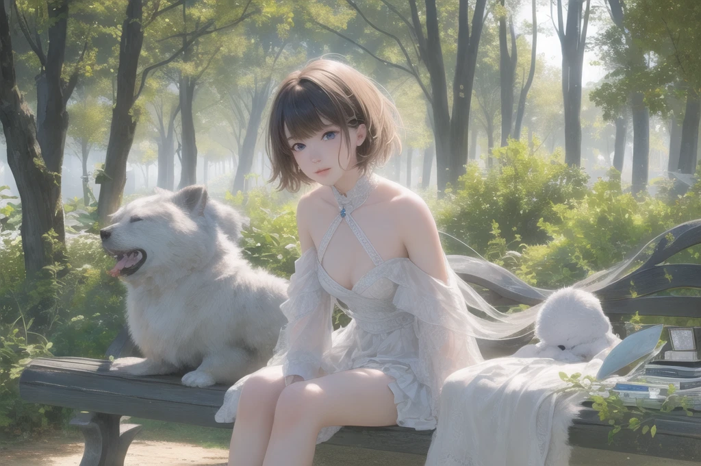 award-winning photography, ultra high detailed background, wide angle lens , young woman, park bench, dog, short hair, blue eyes, slight smile, warm, golden light, soft shadows, trees overhead, 8K, hyper-detailed textures, dramatic lighting, contours, fur, atmospheric light volumetrics, depth, dimension, shallow depth of field, cinematic still quality, beauty, the natural world, fine art fashion editorial collection edition, Unreal Engine 5