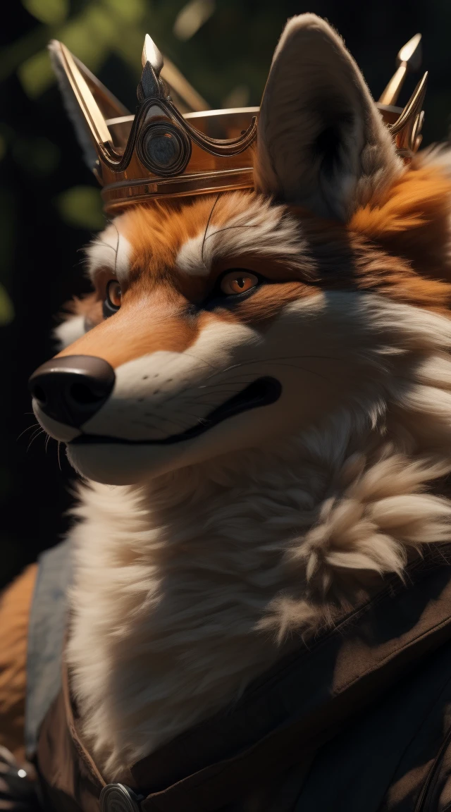 (better quality,16K,32k,highres,master piece:1.2),ultra detali,(realistic,fotorrealistic,photo-realistic:1.37),(an orange and white fox) looking at the viewer seductive expression, featuring rosto bonito, a realistic background, bright orange eye, A cunning villain pose, featuring (shiny crown, 8cm), brave and confident and cunning