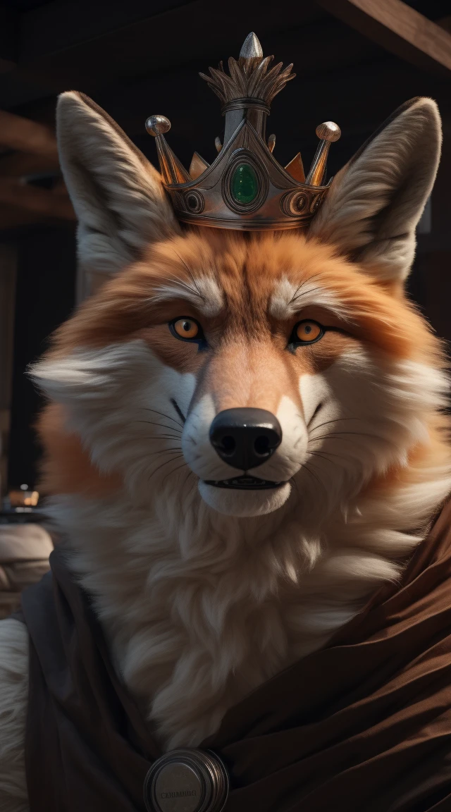 (better quality,16K,32k,highres,master piece:1.2),ultra detali,(realistic,fotorrealistic,photo-realistic:1.37),(an orange and white fox) looking at the viewer seductive expression, featuring rosto bonito, a realistic background, bright orange eye, A cunning villain pose, featuring (shiny crown, 8cm), brave and confident and cunning