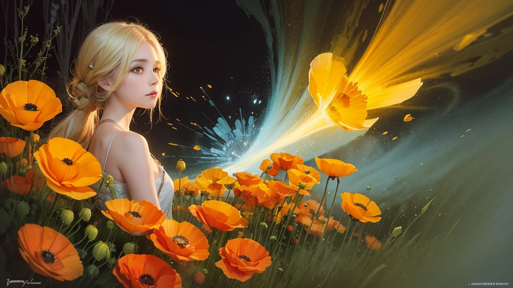 32k, Masterpiece, Highest quality, One girl, Detailed eyes, flower,Iceland Poppy, Orange and yellow style,A dreamy, romantic piece,Pale yellow, Mysterious Leaves,A playful arrangement,Fantasy,High Contrast,Ink strokes,explosion,Exposure, Impression of orange and yellow tones,Abstract,((Watercolours by John Berkey and Jeremy Mann )) Brush strokes,Negative Space, Tyndall effect,