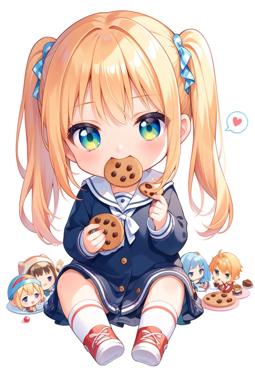 score_9, score_8_up, score_7_up, source_anime, (chibi), eating cookie, spoken heart, sitting, , classroom background, simple background