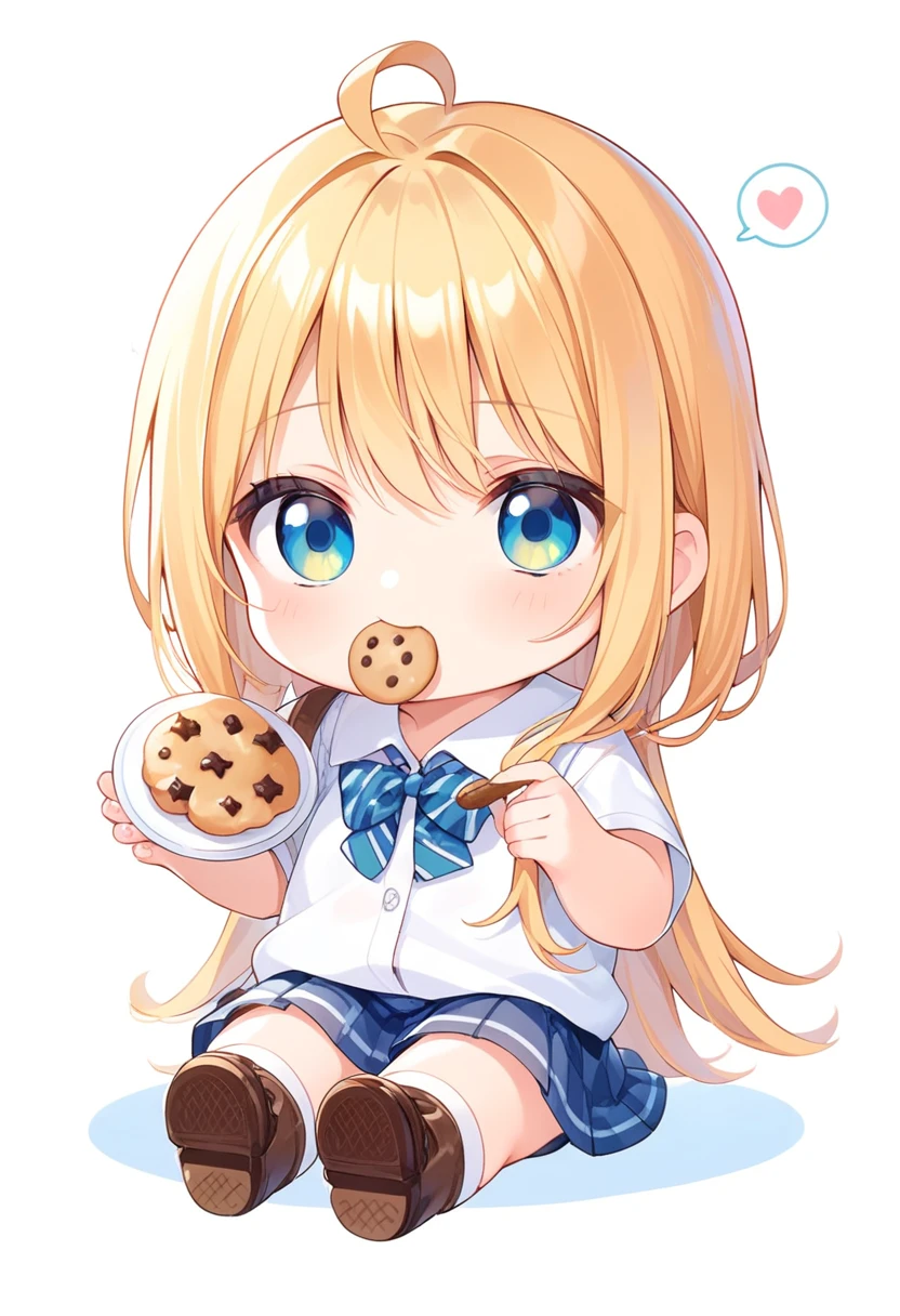 score_9, score_8_up, score_7_up, source_anime, (chibi), eating cookie, spoken heart, sitting, , classroom background, simple background