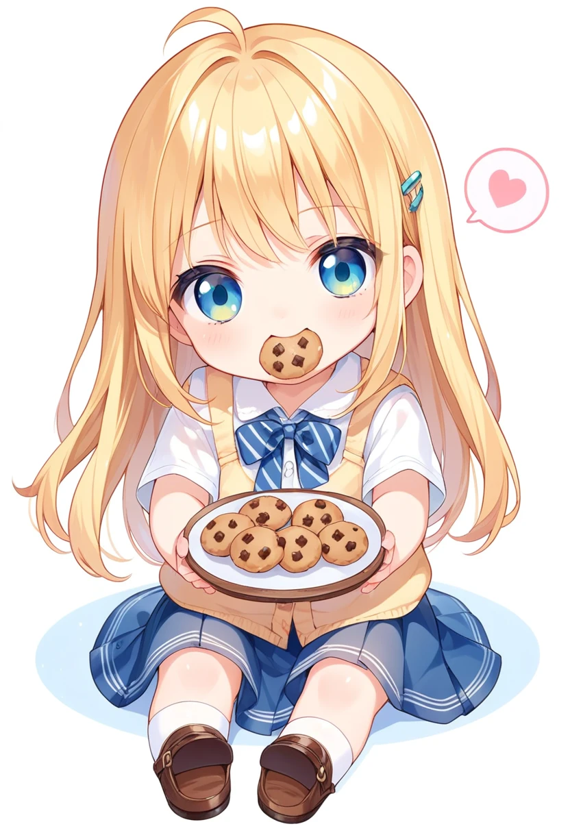 score_9, score_8_up, score_7_up, source_anime, (chibi), eating cookie, spoken heart, sitting, , classroom background, simple background