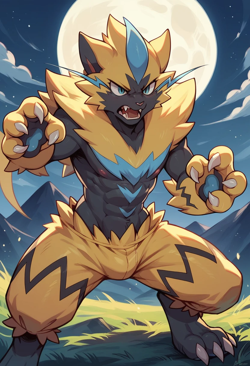 Zeraora, whole body, angry, claws, mountains in the background, night with moon