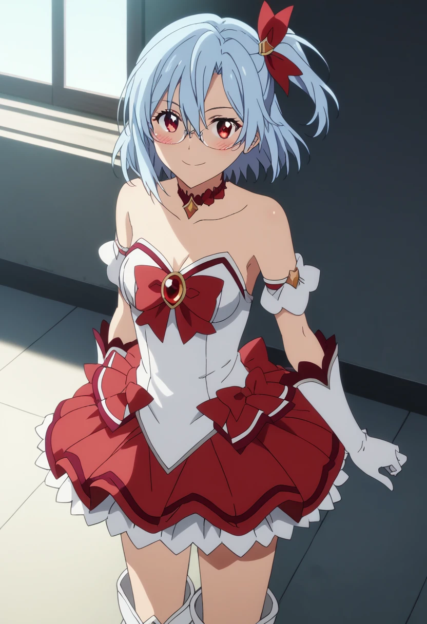 score_9, score_8_up, score_7_up, score_6_up, source anime BREAK, anime screencap, dynamic shadows, atmosferic, 1girl, solo, (red eyes:1.5), detailed eyes, light blue hair, medium hair, one side up , bangs, hair between eyes, hair ribbons, magical girl dress, panties, strapless, choker, white gloves, glasses, white boots, thighs, medium breasts, blush, borrowed, embarrassed, sexy, collarbone, cleavage, ((cowboy shot)), ((from front)), room, sky, clouds, night, (standing), (looking at viewer:1.0)