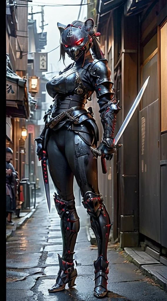 action shot, realistic digital photo, angry anthropomorphic black wolf samurai pulls a magical glowing katana out of the sheath, black with red wooden armor, helmet, daemon samurai mask, standing in an old Japanese village, uhd, 8k, insane details, 