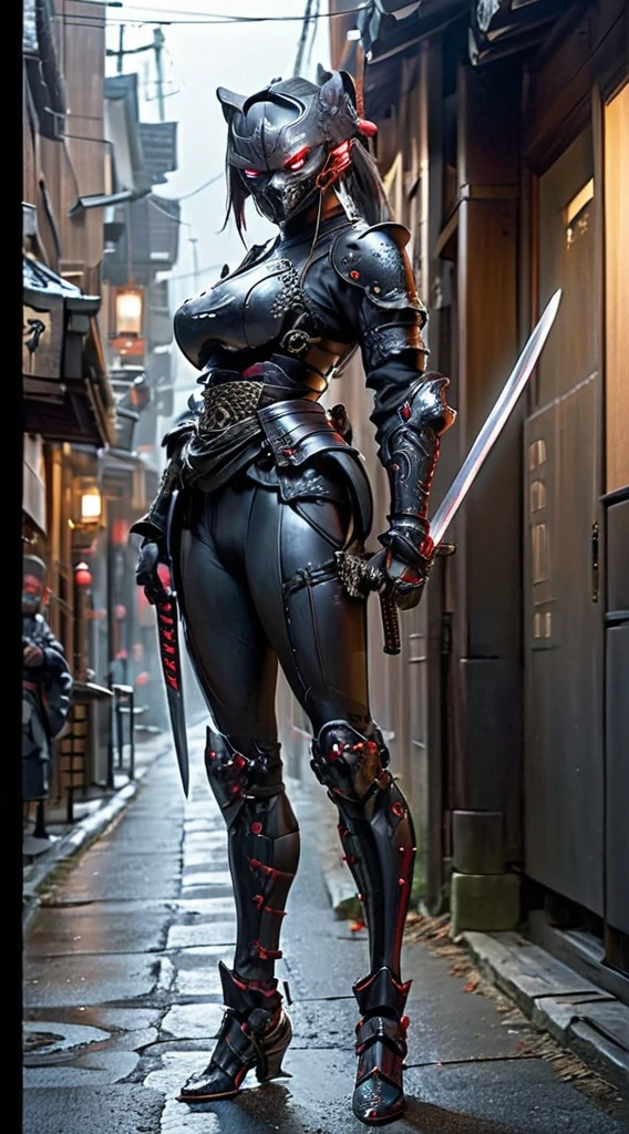 action shot, realistic digital photo, angry anthropomorphic black wolf samurai pulls a magical glowing katana out of the sheath, black with red wooden armor, helmet, daemon samurai mask, standing in an old Japanese village, uhd, 8k, insane details,
