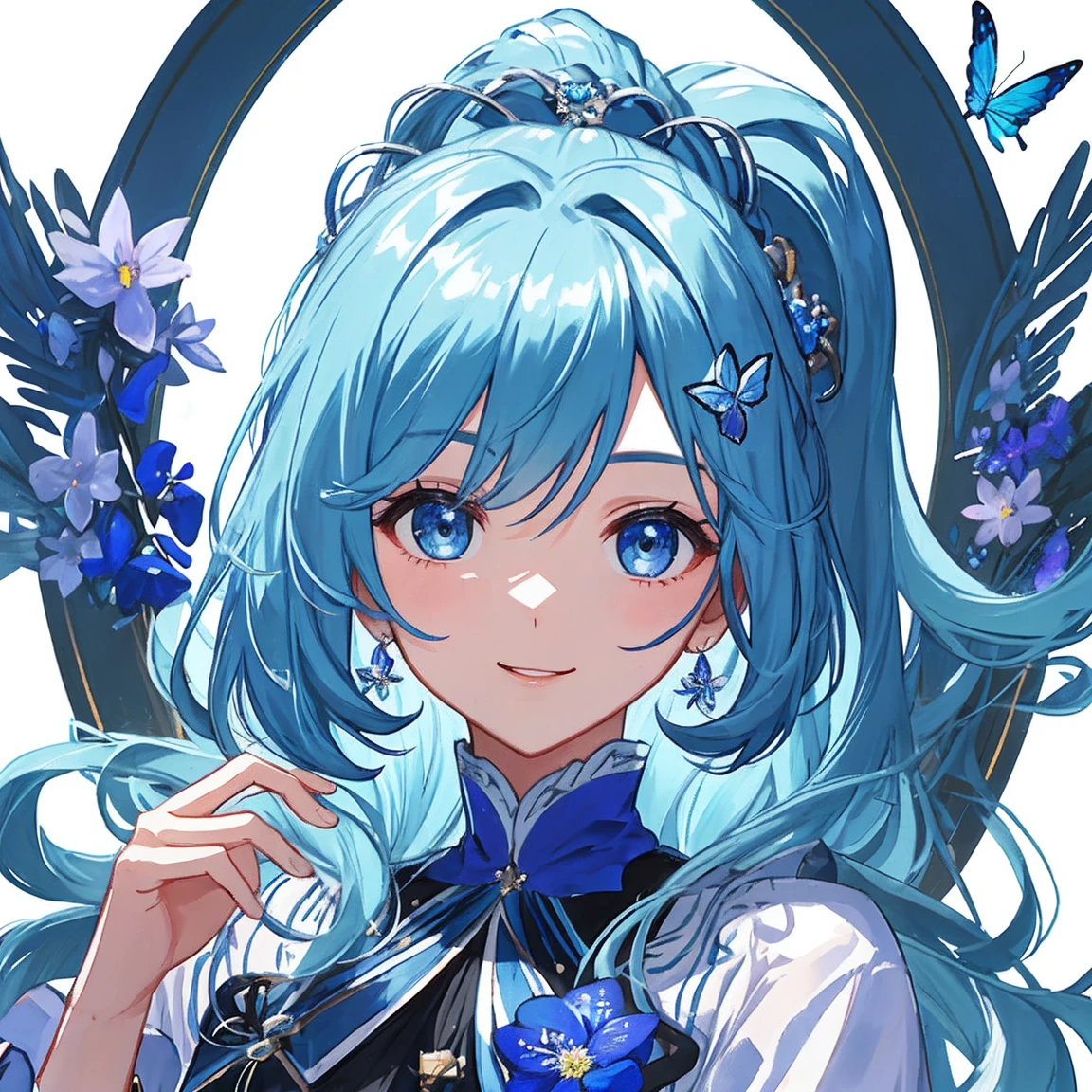 (masterpiece)、(Best quality)、(ultra detailed)、(wild hair)、(enlightenment)、(1 girl in)、(fashion clothes)、costs、fashion model、see the beholder、(interview)、(simple background)、thin and beautiful eyes、gentle beautiful face、Planktonic、(High chroma)、、focus on the face、ponytail、Kamisato colorful flowers、light blue hair、bang、Hair rings、、better lighting、The best shadows、Blue butterfly in the upper left corner of the screen.々、smile、chibi、mascot