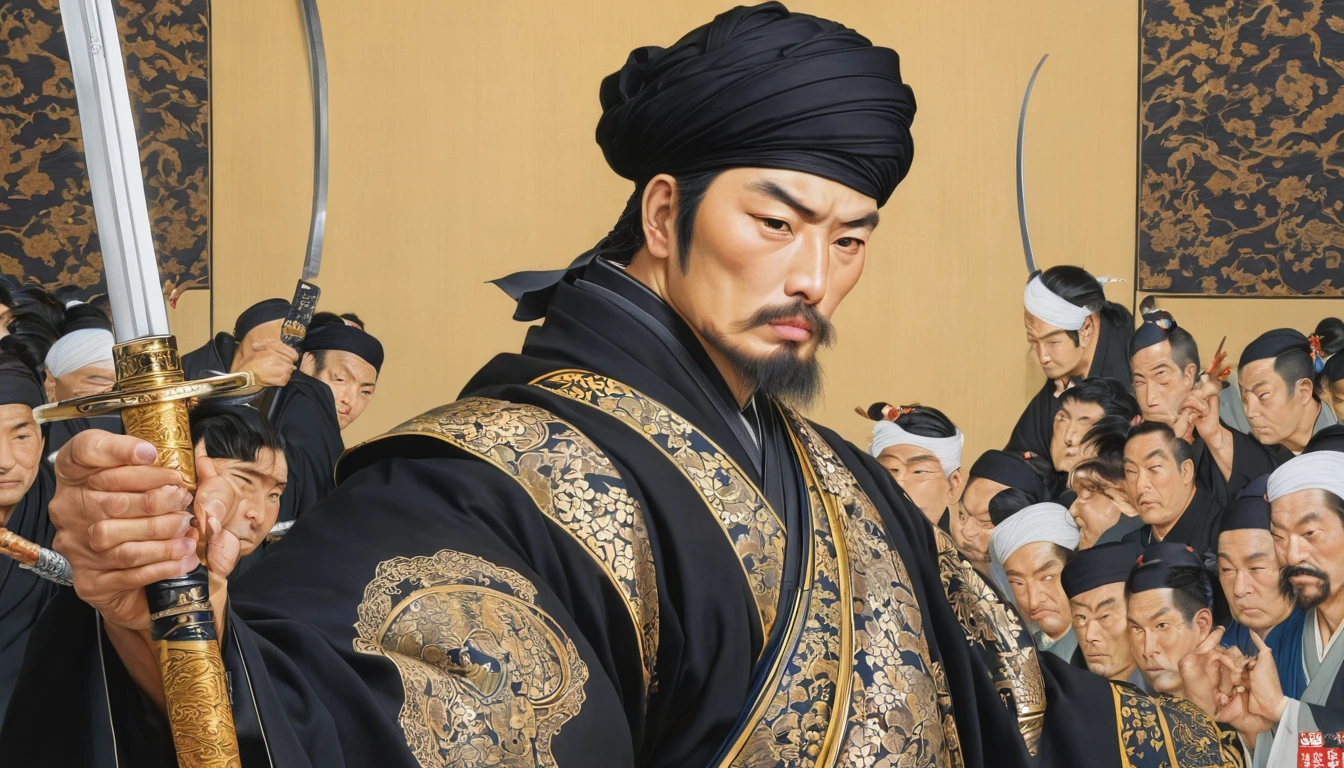 Handsome man, Islam Songkok, dignified face, ((many subordinates behind him)),(armed with a saber), 32k, Best quality, Masterpiece, super detail, High Details, by Takehisa Yumeji, Highest quality, masterpiece, Representative works, Official Art, Professional, Super intricate details, 8K