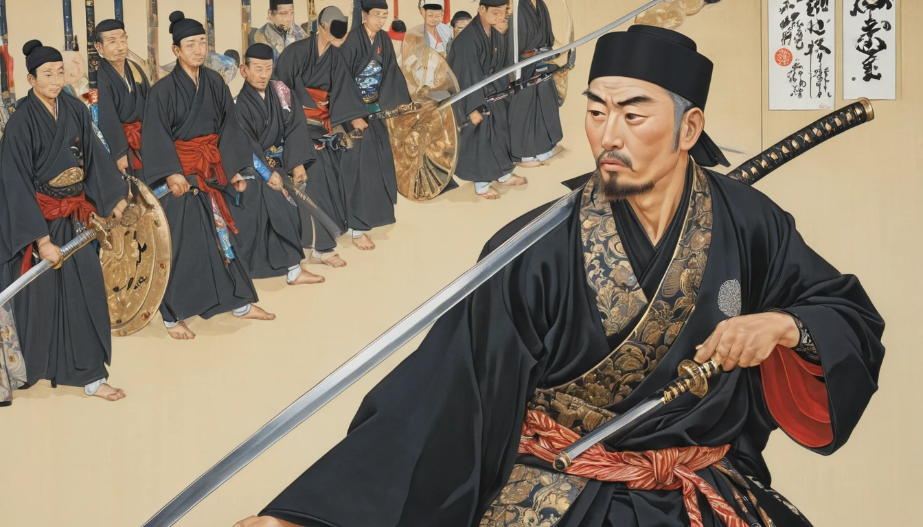 Handsome man, Islam Songkok, dignified face, ((many subordinates behind him)),(armed with a saber), 32k, Best quality, Masterpiece, super detail, High Details, by Takehisa Yumeji, Highest quality, masterpiece, Representative works, Official Art, Professional, Super intricate details, 8K
