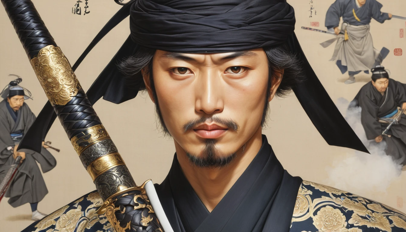 Handsome man, Islam Songkok, dignified face, ((many subordinates behind him)),(armed with a saber), 32k, Best quality, Masterpiece, super detail, High Details, by Takehisa Yumeji, Highest quality, masterpiece, Representative works, Official Art, Professional, Super intricate details, 8K