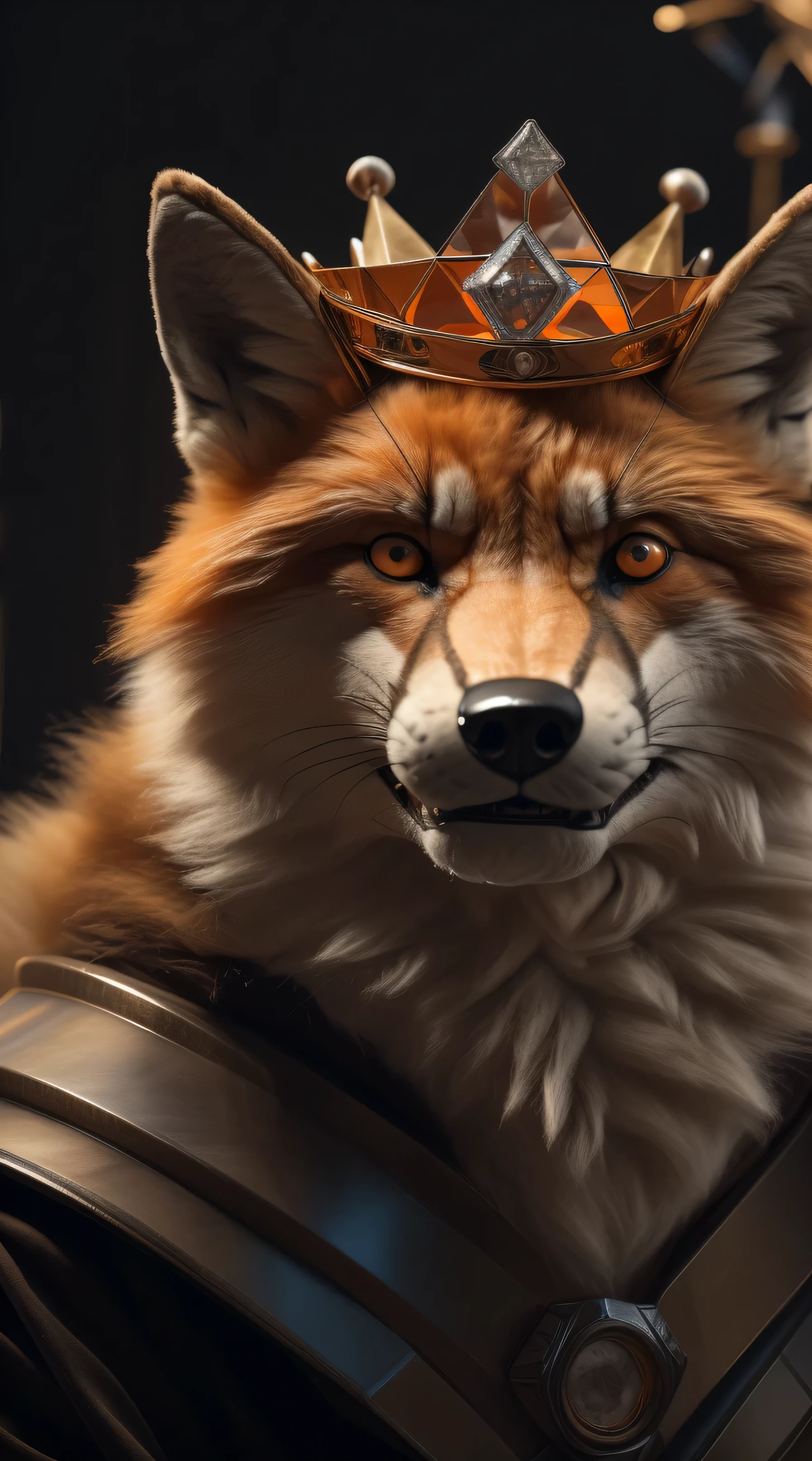 (better quality,16K,32k,highres,master piece:1.2),ultra detali,(realistic,fotorrealistic,photo-realistic:1.37),(an orange and white fox) looking at the viewer seductive expression with cute face a realistic background bright orange eye A cunning villain pose with (large crown) (diamond crown ( King crown) expression of serious courageous and confident and cunning