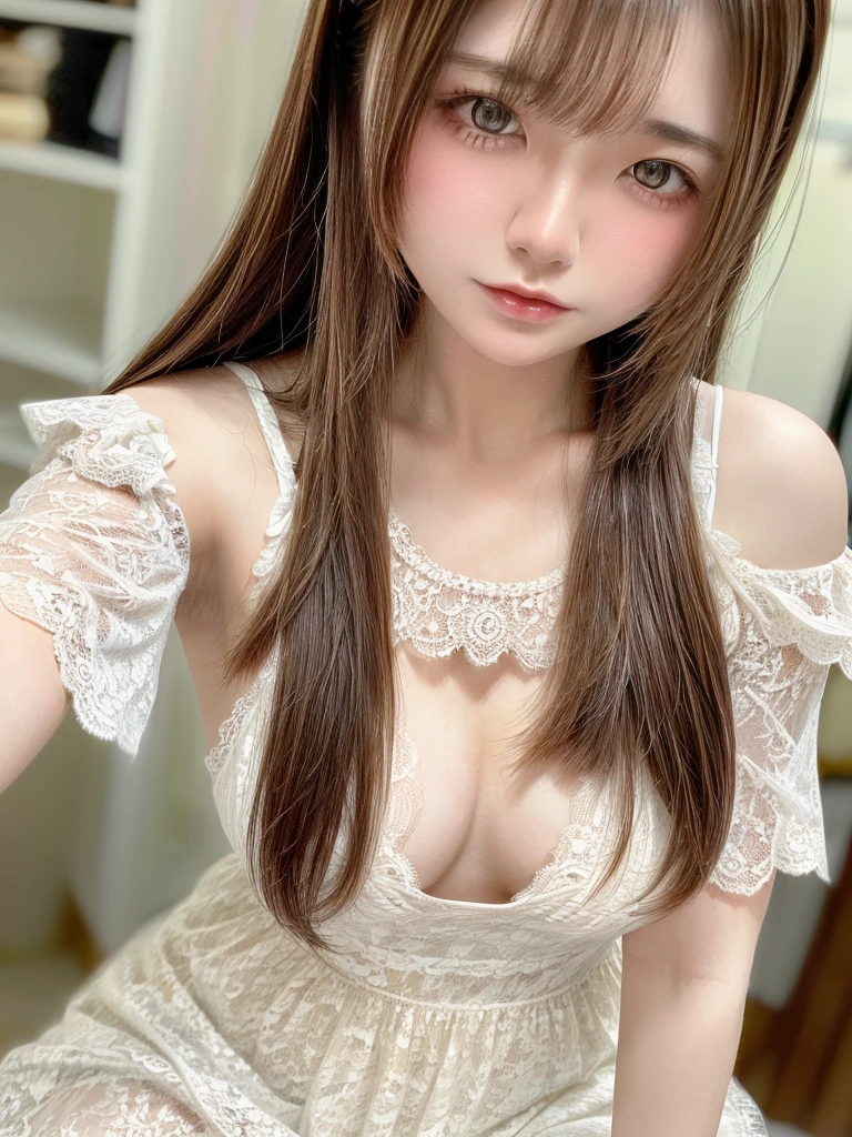 8K, RAW Photos, Fujifilm, Beautiful  female style photo, (((Brown Hair:1.3,Beautiful medium straight hair)))、 , (((Wearing a white lace dress:1.5, 、Small breasts)))、, (Highly detailed skin: 1.2), , Film Grain, 35mm, Cute Style、 the bed、(((Mid-shot photo 1.5)))、Off the shoulder、