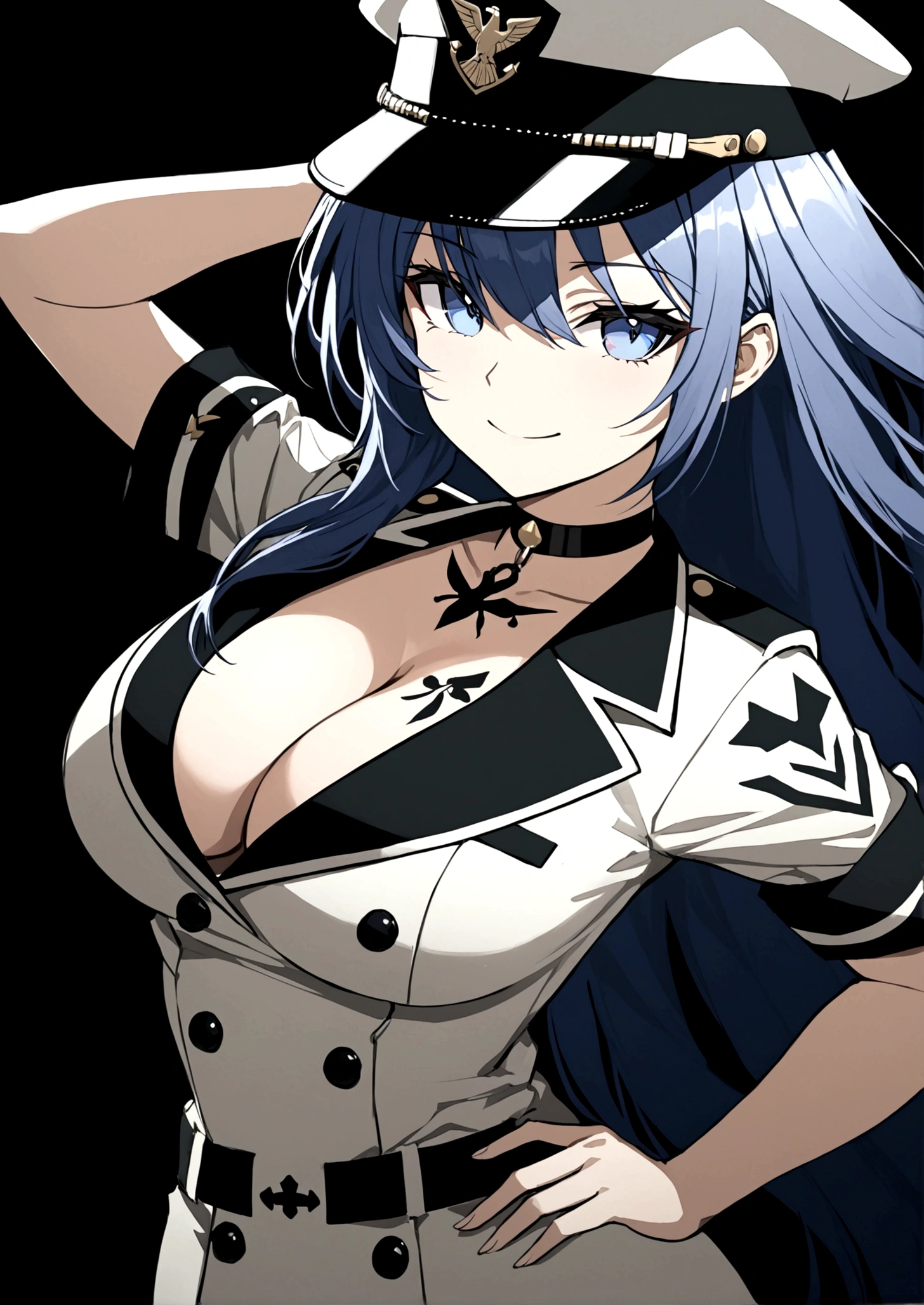 1girl, solo, long hair, breasts, looking at viewer, smile, blue eyes, large breasts, hat, cleavage, very long hair, blue hair, choker, uniform, hand on hip, military, military uniform, tattoo, black background, peaked cap