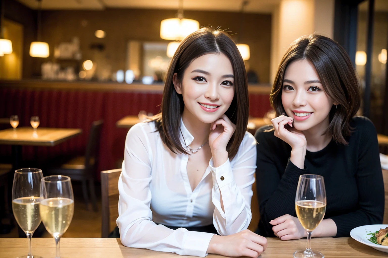 ((Highest quality、、masterpiece:1.3))、1 male 1 female、Slim lover、Beautiful couple、Smile、full-course dinner、 (Slim face), (the body is スリム), (Brown Hair), (Shortcuts), ((Bob Hale、Straight hair:1.2)), テーブルの上のwine glass、Shine light on your face、 Amazing view of the sunset sky and clouds、The beauty of a smile、Bright image、Blushing, Shortcuts, (Age 35), 39 years old, Appetizers、Italian food、Wine bottle、Champagne、sparkling wine、Long sleeve shirt、dress、Attractive beauty、restaurant, Nova Frog Style, actress, model, Upper Body, White wine, red wine, wine glass,