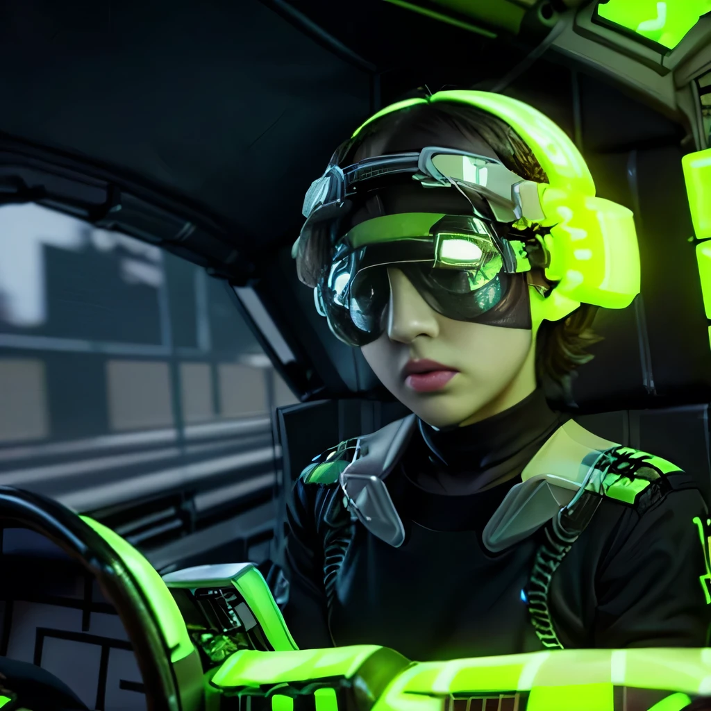best quality, ultra-detailed, realistic, (1man), (black shirts:1.3), (fluorescent goggles:1.8), (fluorescent cockpit:1.8),
