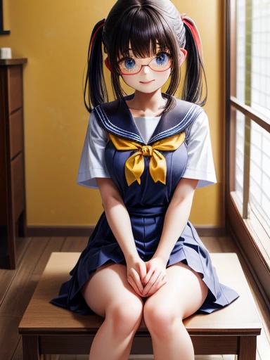 One person、One personで、An 18-year-old high school girl takes a photo wearing a short-sleeved white sailor uniform、victory、Twin tails、Tsundere、masterpiece、High resolution、Sharp focus)、Navy Blue Shirt、Red tie、Navy and red checked mini skirt、cute、Japanese women、、sexy、Laughter、(Perfect Anatomy、Delicate and beautiful hands and feet)、Yellow Wall,Small breasts、Nogizaka idol、Slim figure、sexy、I can see your thighs
