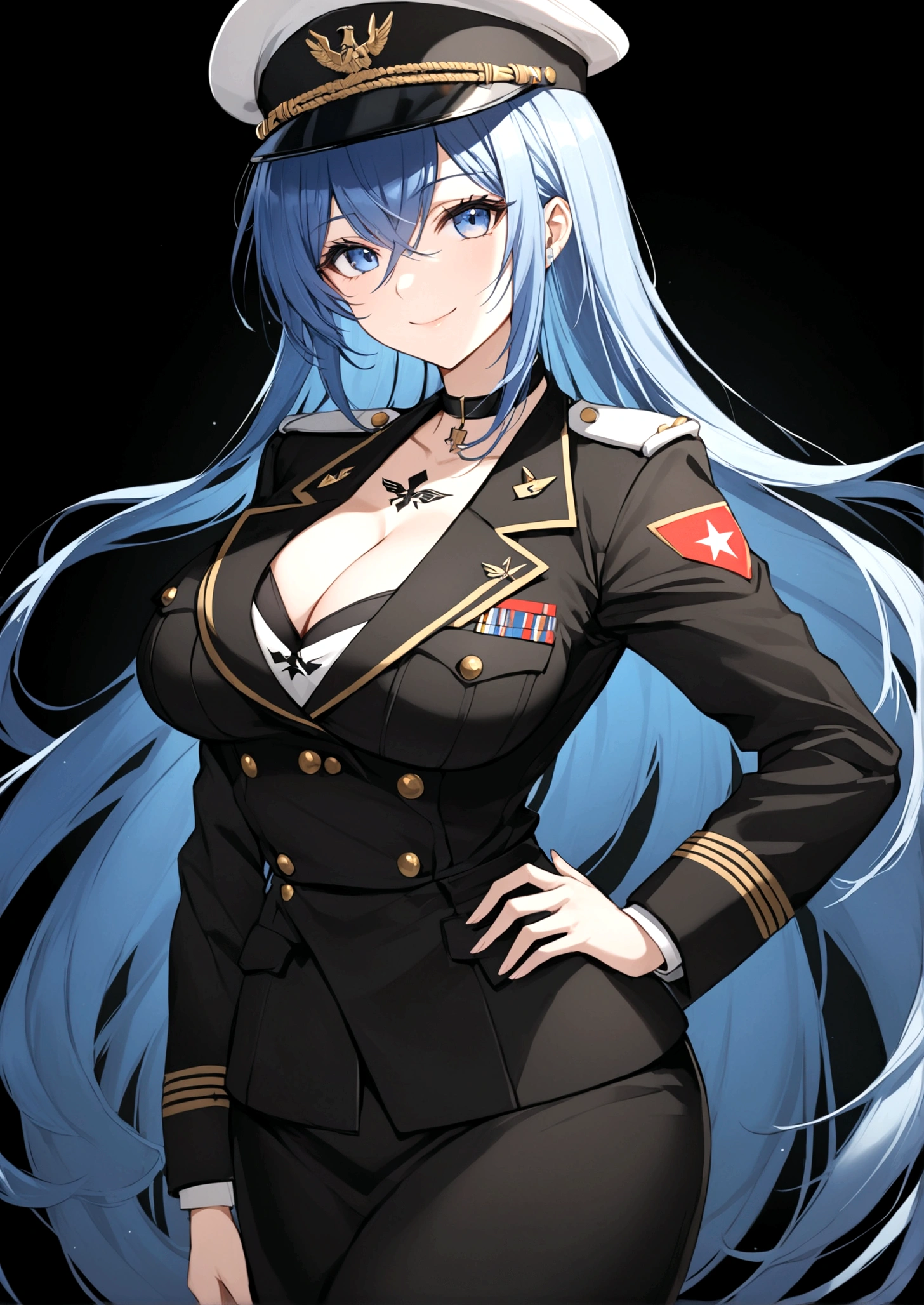 1girl, solo, long hair, breasts, looking at viewer, smile, blue eyes, large breasts, hat, cleavage, very long hair, blue hair, choker, uniform, hand on hip, military, military uniform, tattoo, black background, peaked cap