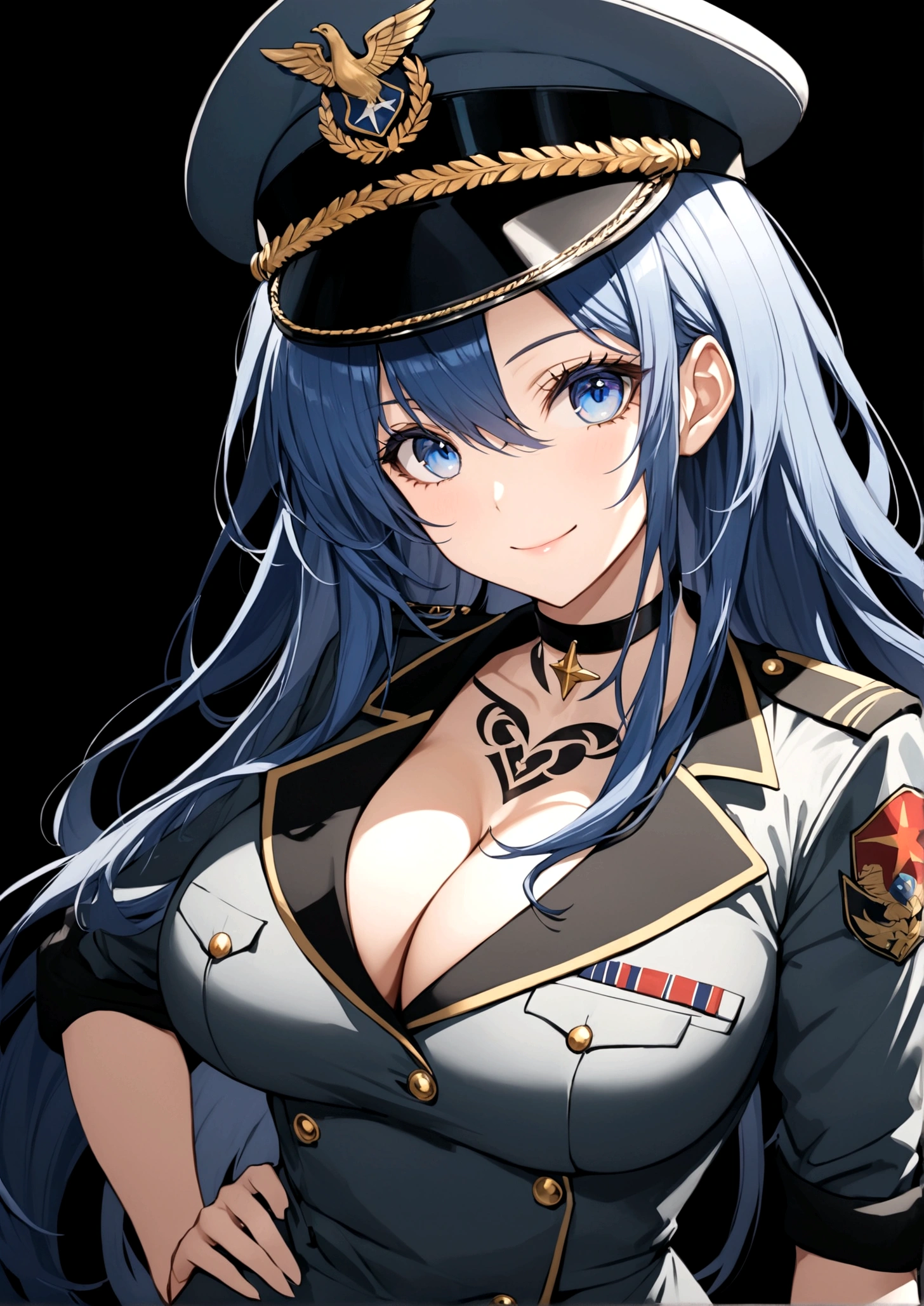 1girl, solo, long hair, breasts, looking at viewer, smile, blue eyes, large breasts, hat, cleavage, very long hair, blue hair, choker, uniform, hand on hip, military, military uniform, tattoo, black background, peaked cap