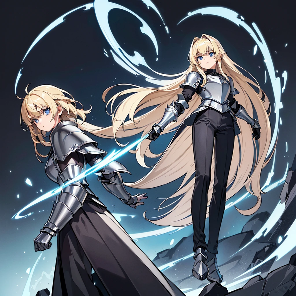 (((Solo)))、(Full body character concept)、Highest quality, Best Quality、(((Gray simple armor、Black trousers))、(woman、18-year-old)、(Blonde、Long Hair)、(Simple Background)、(Expressionless)、(From below)、Glowing blue aura、Intense light、、meteor、Movement angle、(From below)、Are standing