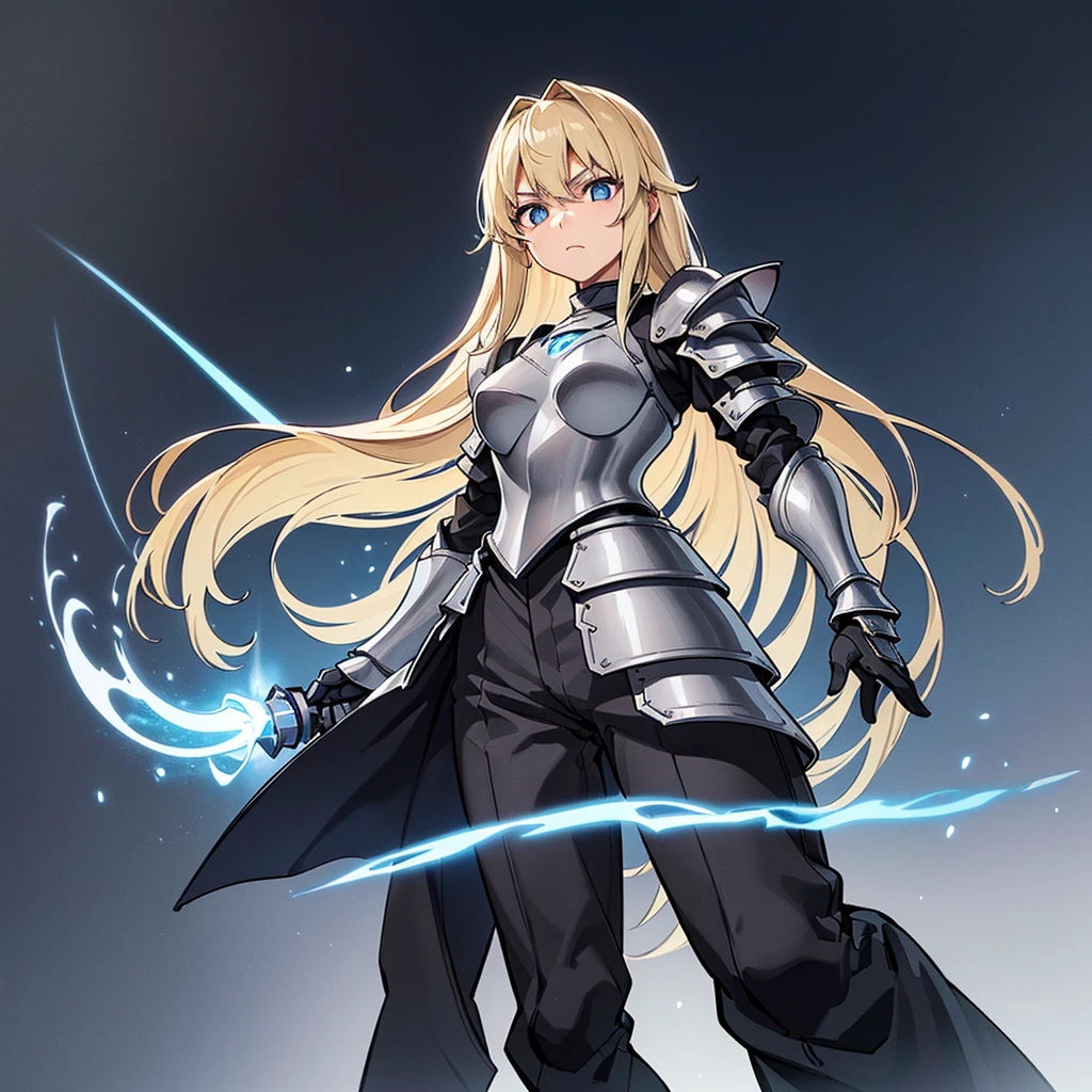 (((Solo)))、(Full body character concept)、Highest quality, Best Quality、(((Gray simple armor、Black trousers))、(woman、18-year-old)、(Blonde、Long Hair)、(Simple Background)、(Expressionless)、(From below)、Glowing blue aura、Intense light、、meteor、Movement angle、(From below)、Are standing