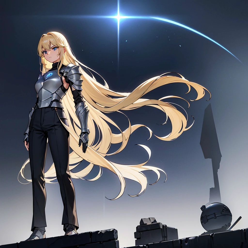 (((Solo)))、(Full body character concept)、Highest quality, Best Quality、(((Gray simple armor、Black trousers))、(woman、18-year-old)、(Blonde、Long Hair)、(Simple Background)、(Expressionless)、(From below)、Glowing blue aura、Intense light、、meteor、Movement angle、(From below)、Are standing