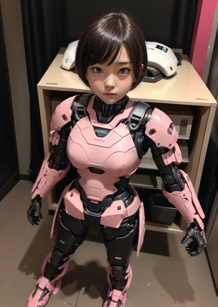 Textured skin, Super detailed, Attention to detail, high quality, 最high quality, High resolution, 1080P, hard disk, beautiful,(Terminator),beautifulサイボーグ女性,Pink Mecha Cyborg Girl,Battle Mode,Girl with a mechanical body,She is wearing a combat cyborg mech with weapons,Full Body Shot　bare hands　Boyish short hair　Berry Short　Brown eyes　Black Hair　Kindergarten girl　Steam from the head