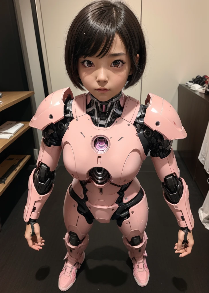 Textured skin, Super detailed, Attention to detail, high quality, 最high quality, High resolution, 1080P, hard disk, beautiful,(Terminator),beautifulサイボーグ女性,Pink Mecha Cyborg Girl,Battle Mode,Girl with a mechanical body,She is wearing a combat cyborg mech with weapons,Full Body Shot　bare hands　Boyish short hair　Berry Short　Brown eyes　Black Hair　Kindergarten girl　Steam from the head