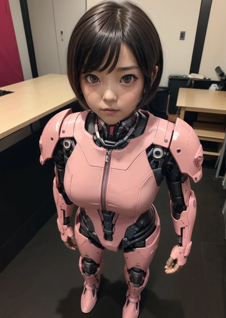 Textured skin, Super detailed, Attention to detail, high quality, 最high quality, High resolution, 1080P, hard disk, beautiful,(Terminator),beautifulサイボーグ女性,Pink Mecha Cyborg Girl,Battle Mode,Girl with a mechanical body,She is wearing a combat cyborg mech with weapons,Full Body Shot　bare hands　Boyish short hair　Berry Short　Brown eyes　Black Hair　Kindergarten girl　Steam from the head