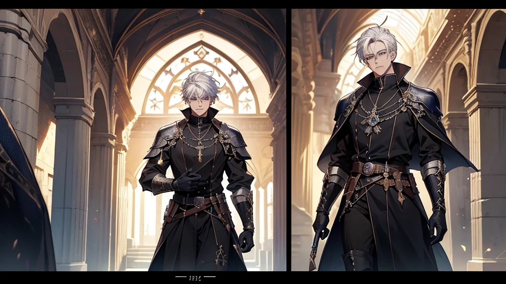 Picture quality up to 8K, ภาพHigh quality,(((Masterpiece))), (((best quality))), Sharp picture, Awesome details,High quality,Masterpiece, Sharp facial details,1 boy, alone, white hair, short hair, blue eyes, black shirt,black veil, handsome , metal cuff, black gloves, High Boots, Metal gloves, Medieval Theme, look at viewer, fantasy art, beautiful paintings, Guvaika style, Excellent and neat character art, Amazing characters, (Reference documents:1.5), The system says congratulations on beating level 80 Trevion of Evil and gaining experience.. Level up to 25 and gain 10 stats., You have achieved the legendary initiation feat.