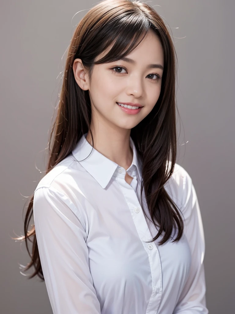 raw photo, 1girl, cute face, beautiful face, medium breast, collared blouse, White blouse, light smile, Upper body, detailed skin, pore, simple background, photorealistic, anatomically correct, masterpiece, best quality, UHD