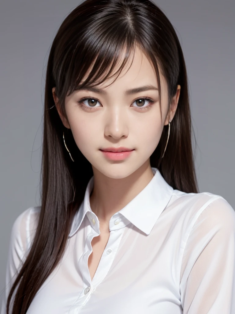 raw photo, 1girl, cute face, beautiful face, medium breast, collared blouse, White blouse, light smile, Upper body, detailed skin, pore, simple background, photorealistic, anatomically correct, masterpiece, best quality, UHD