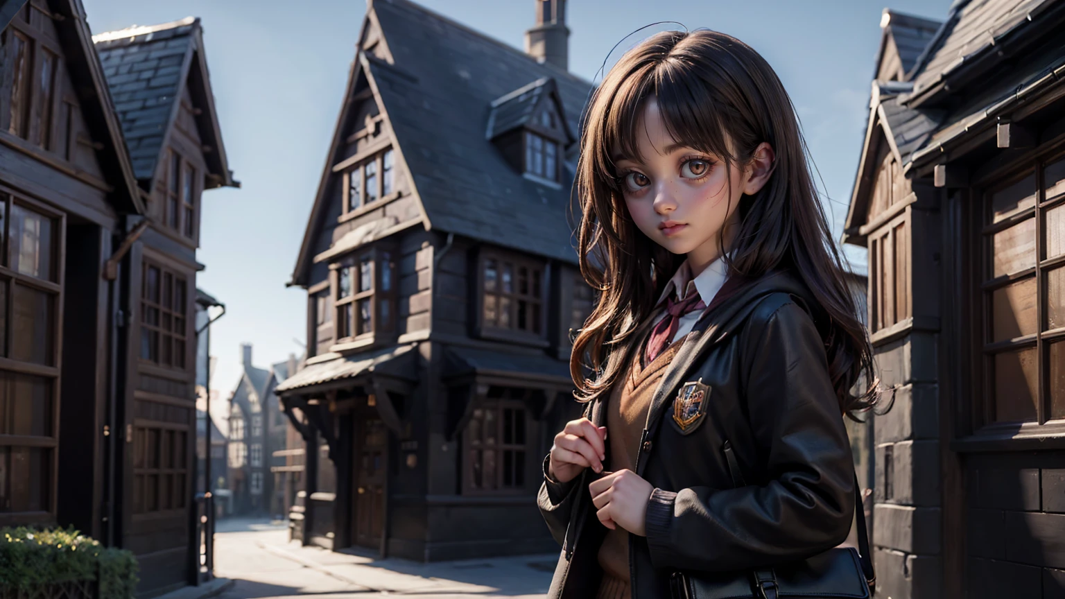 cute girl standing at outside the harry potter school, front view of harry potter school, front view