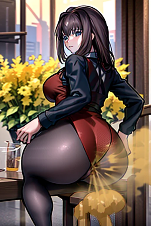 masterpiece, 最高masterpiece, High Resolution, One girl, pooping, right, long hair, brown hair, black shirt, red dress, long sleeves, black pantyhose, Aozaki Aoko, farting, Ass, hyper Ass, huge Ass,