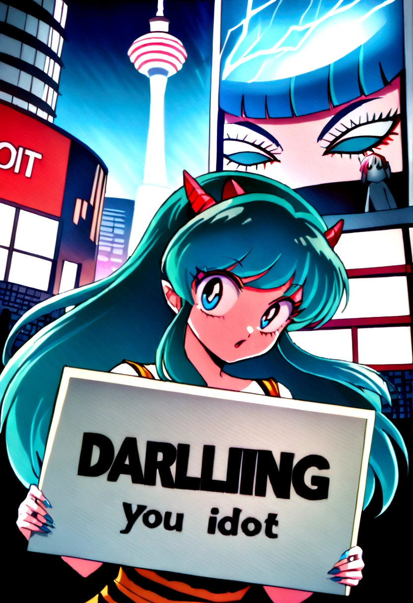 score_9, score_8_up, score_7_up, lum, retro artstyle, 1980s style, blue eyes, eyeshadow, green hair, long hair, horns, bangs, aqua hair, dynamic angle, large round clear aviator glasses, (holding a sign with, text as "DARLING, you idiot!", style_bebas:1.4), looks at the viewer menacingly, aim your hands at the viewer, shoots lightning at the viewer, shocks the viewer with electricity, bares her fangs, Revolving Restaurant, China Central Television Tower, Beijing background, ExpressiveH